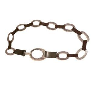 Suzi Roher Canada Stretch Belt Carved Silver O-Rings & Brown Leather WmSz M NWOT